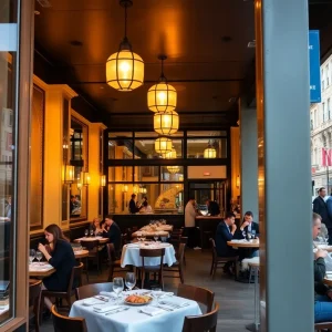 Patrons dining at a new brasserie in Manhattan's Garment District