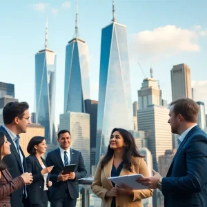 New York City skyline with business leaders discussing growth strategies
