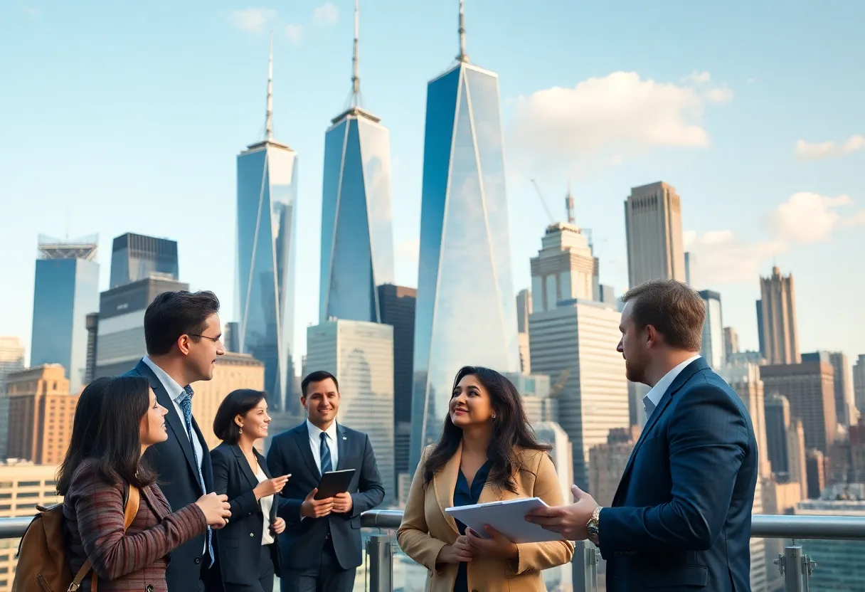 New York City skyline with business leaders discussing growth strategies