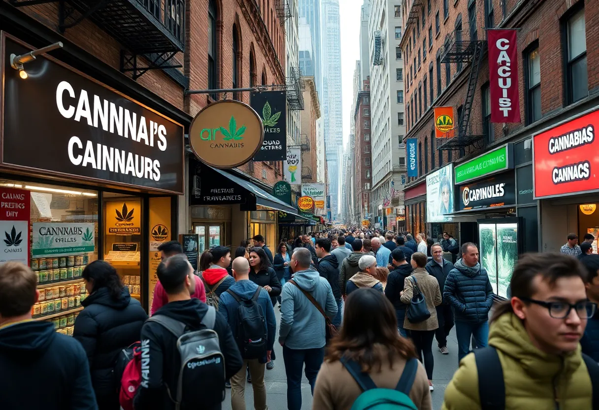 Cannabis dispensaries in New York City amidst urban landscape