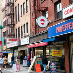 A vibrant street view of bodegas in New York City