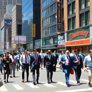 A crowded street in New York City with people walking in office attire.