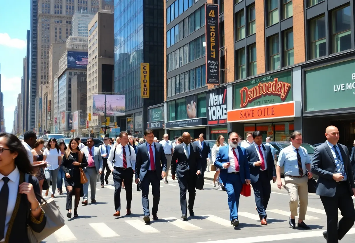 A crowded street in New York City with people walking in office attire.