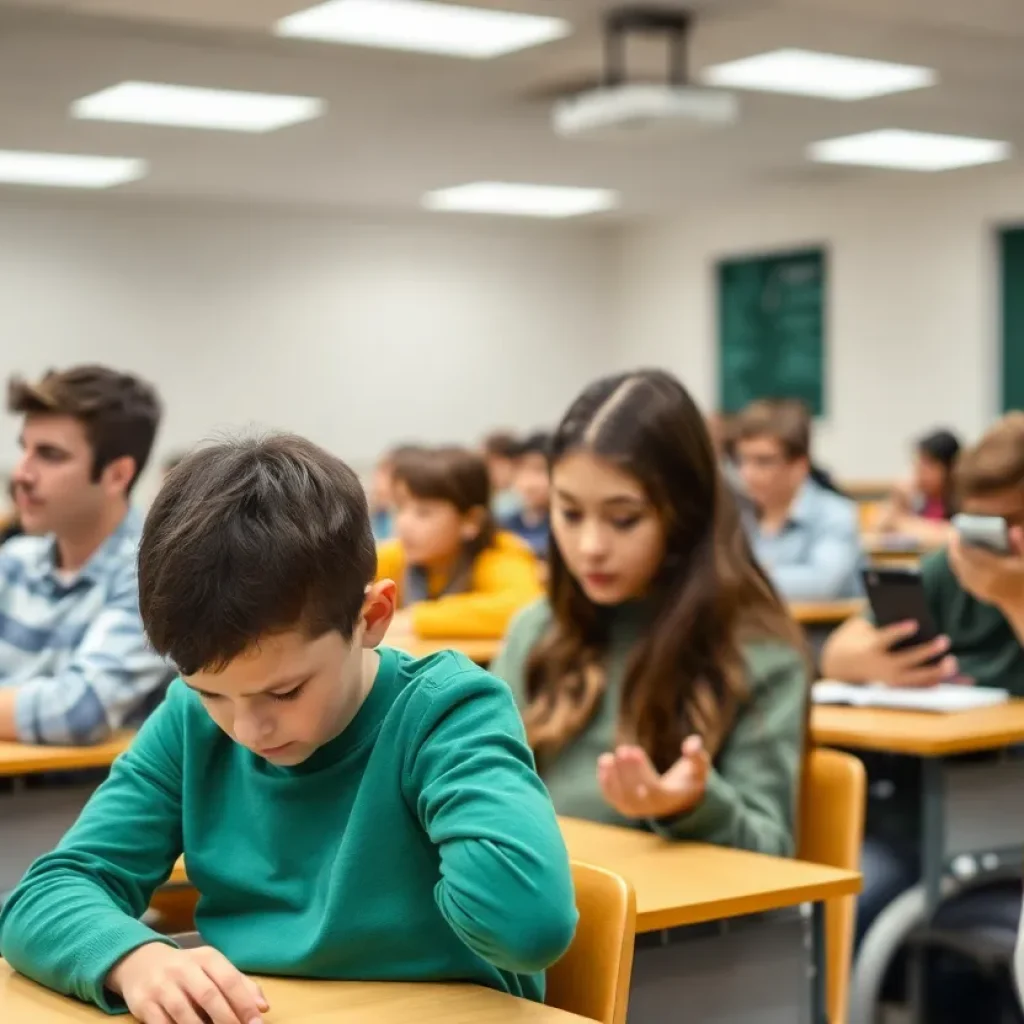 Classroom with students engaged in learning without cell phones