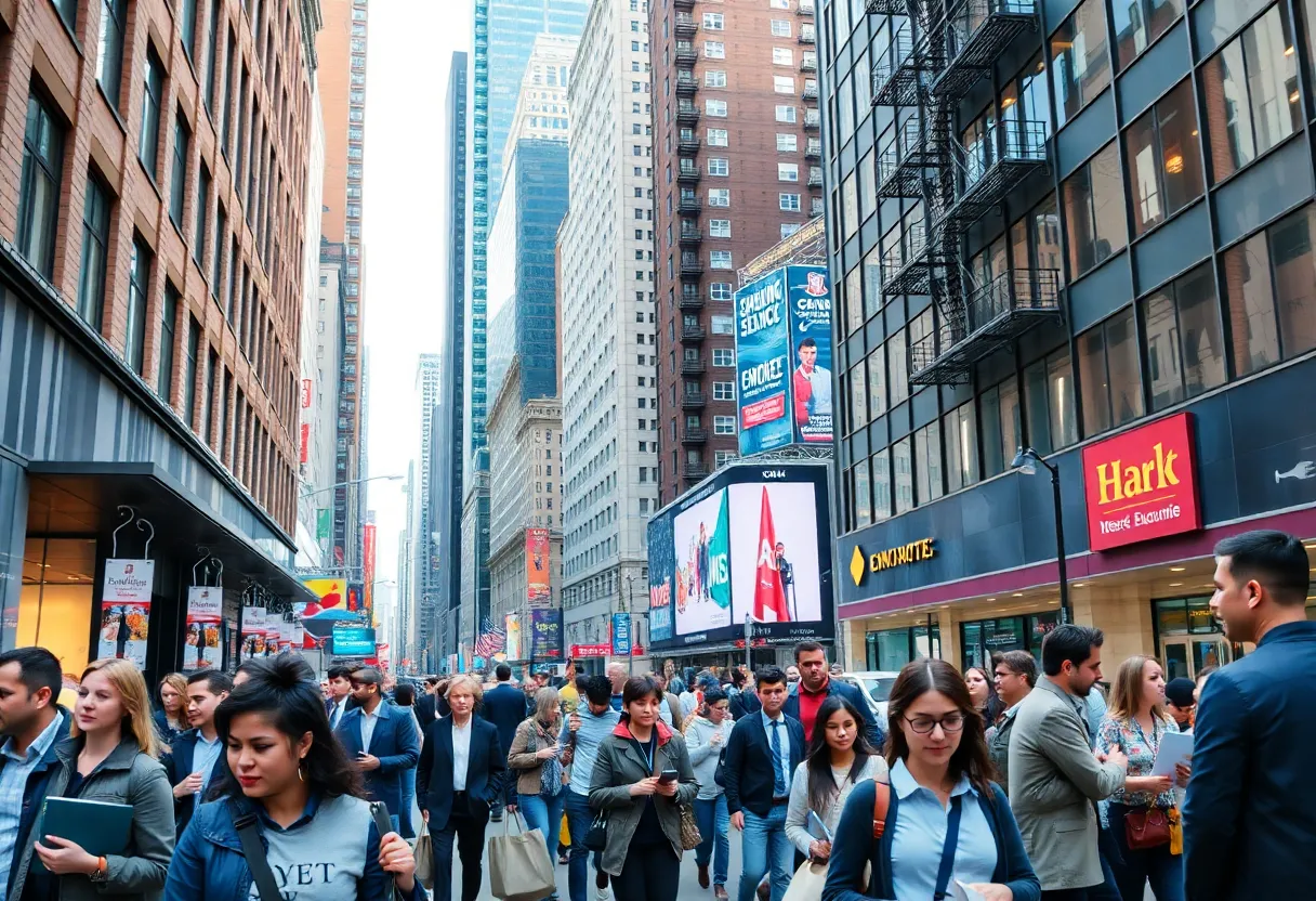 A vibrant cityscape of New York City depicting professionals in various sectors
