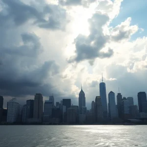 A city skyline under extreme weather conditions with storm clouds