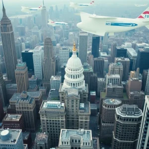 Aerial view of New York City government buildings representing funding challenges.