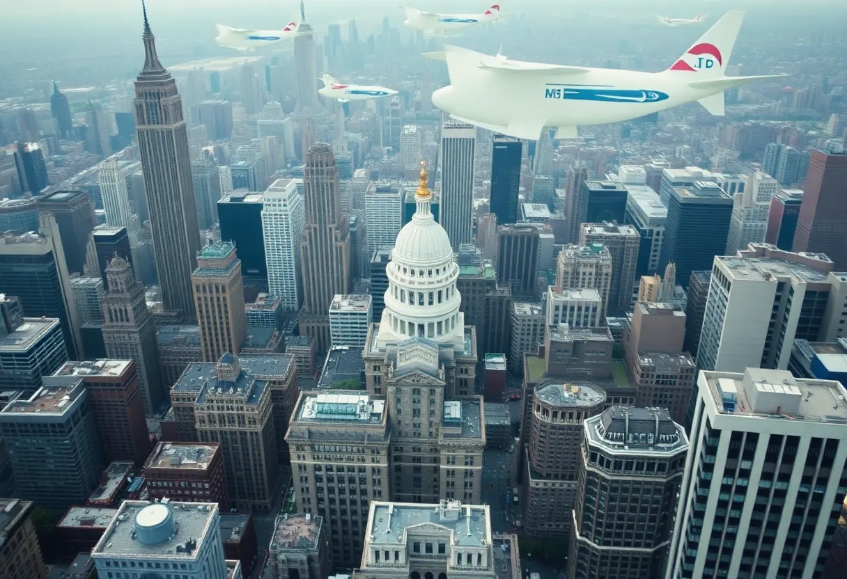 Aerial view of New York City government buildings representing funding challenges.