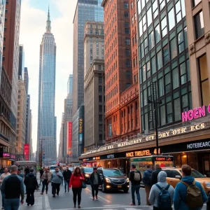 Cityscape of New York City hotels with bustling streets