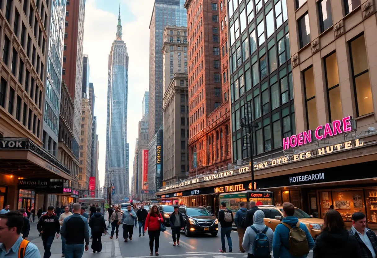 Cityscape of New York City hotels with bustling streets