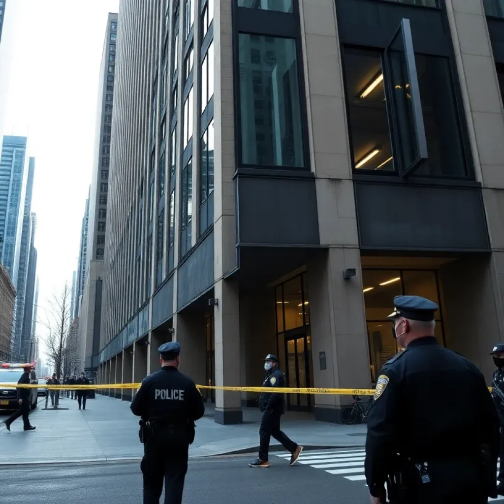 Police presence outside an office building in Midtown Manhattan after a shooting.