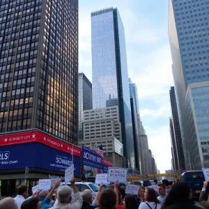 New York City skyline adorned with political campaign banners