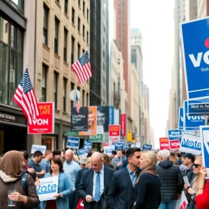New Yorkers engaging in political discussions on a city street