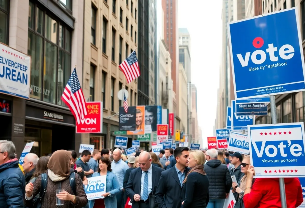 New Yorkers engaging in political discussions on a city street