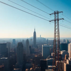 Aerial view of New York City during a heatwave showing power infrastructure and skyline