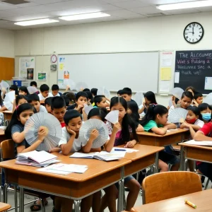 Students in a New York City classroom struggling with extreme heat