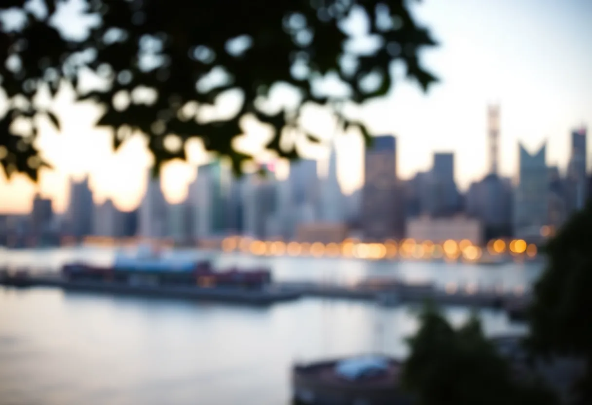 Representation of New York City skyline signifying migration and transformation