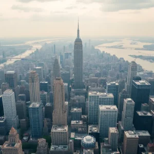 Aerial view of New York City with contrasting energy infrastructure.