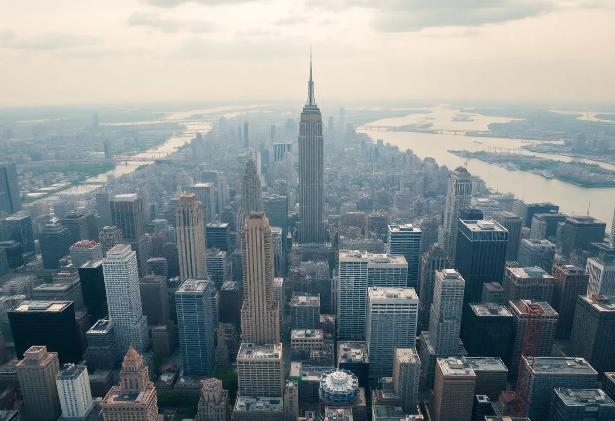 Aerial view of New York City with contrasting energy infrastructure.