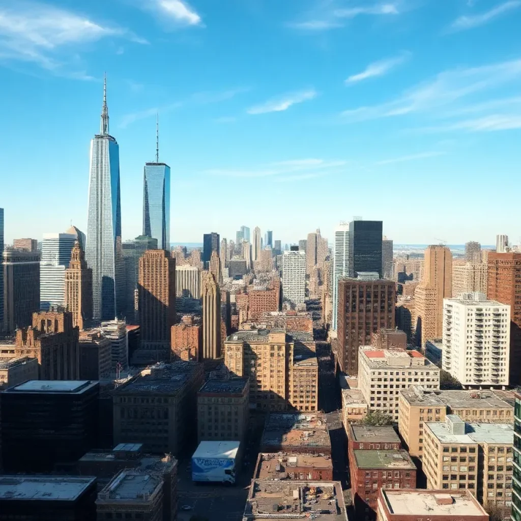 City skyline of New York City with tall skyscrapers