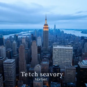 Aerial view of New York City skyline with tech-related imagery.