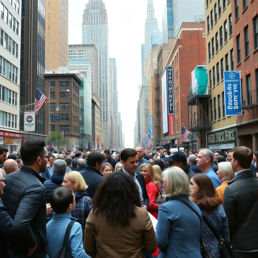 Diverse people discussing politics in New York City setting