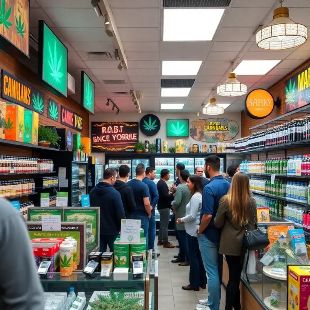 Interior of a busy New York marijuana dispensary