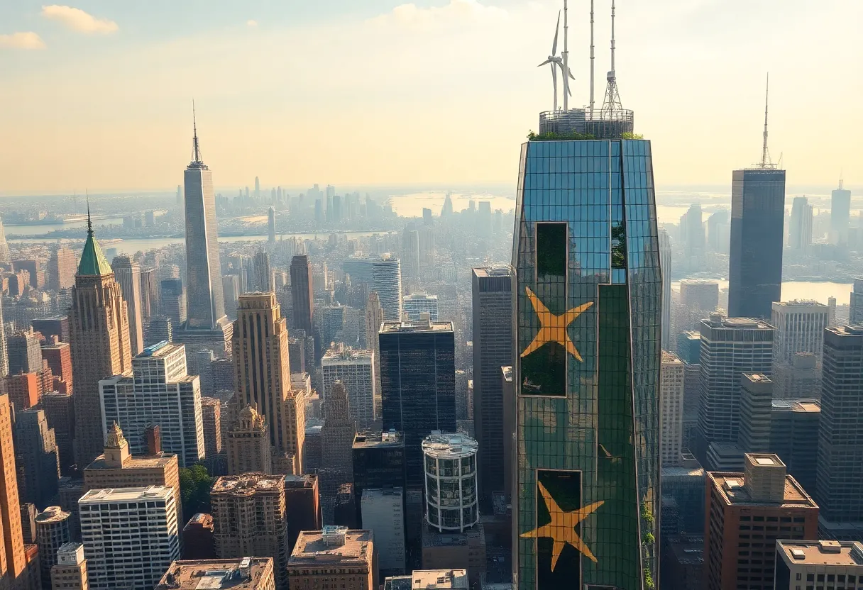 Cityscape of New York featuring renewable energy installations