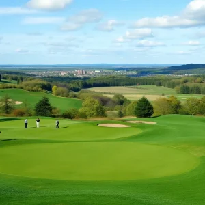 A beautiful New York golf course featuring lush greens and players.