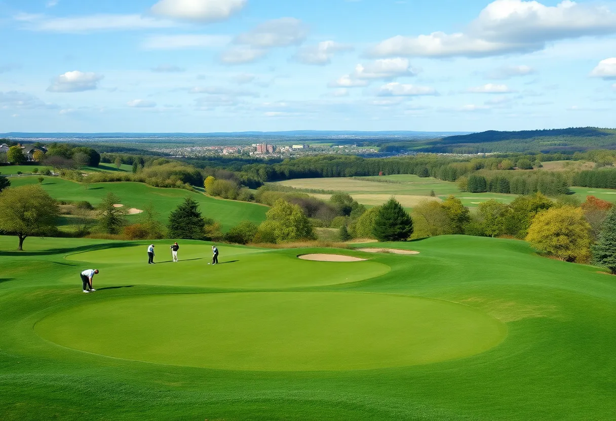 A beautiful New York golf course featuring lush greens and players.