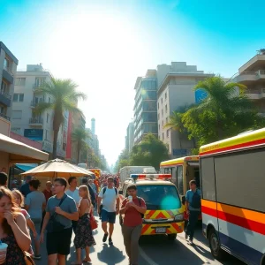 City street in New York during heat wave with people seeking shade