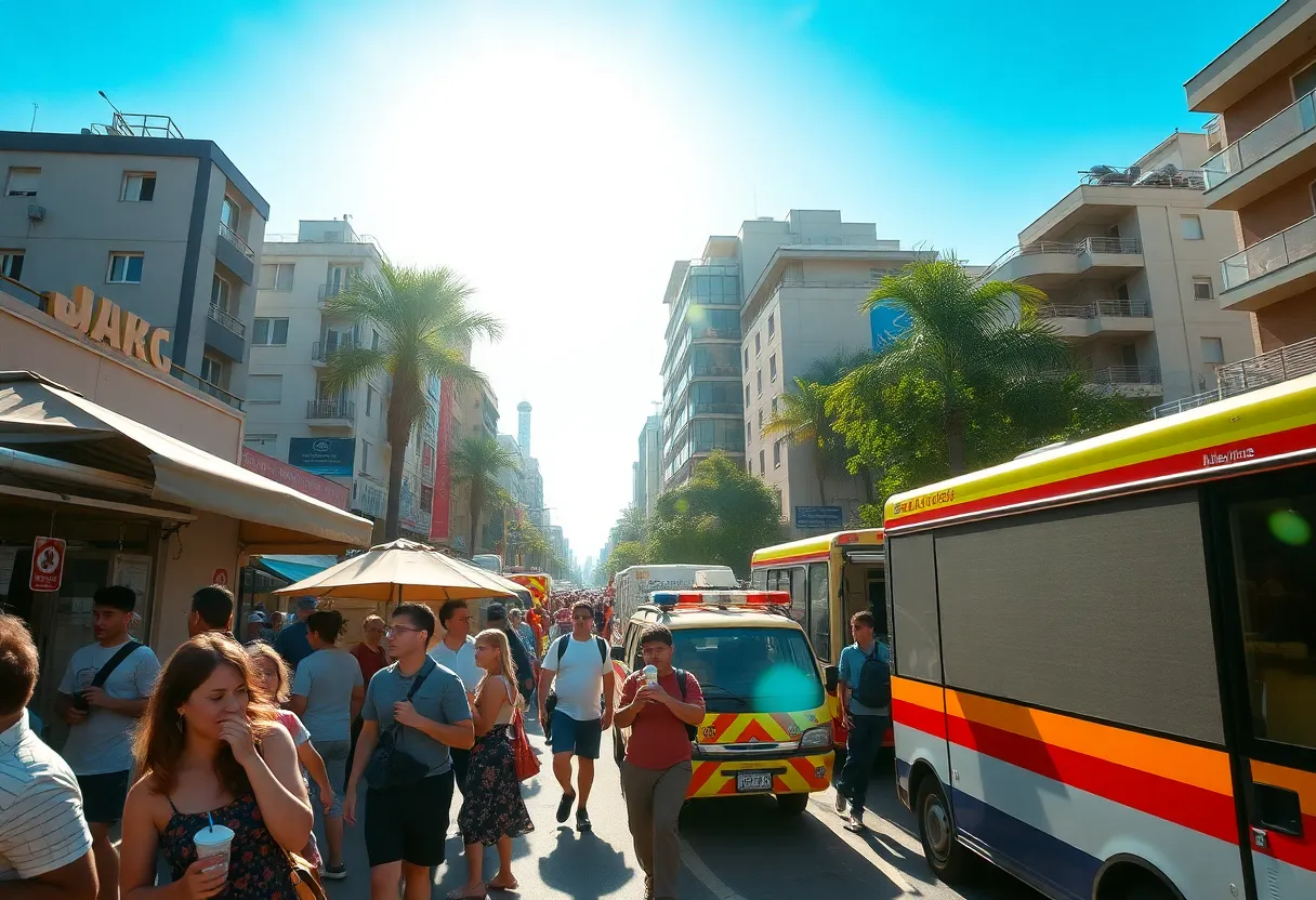 City street in New York during heat wave with people seeking shade