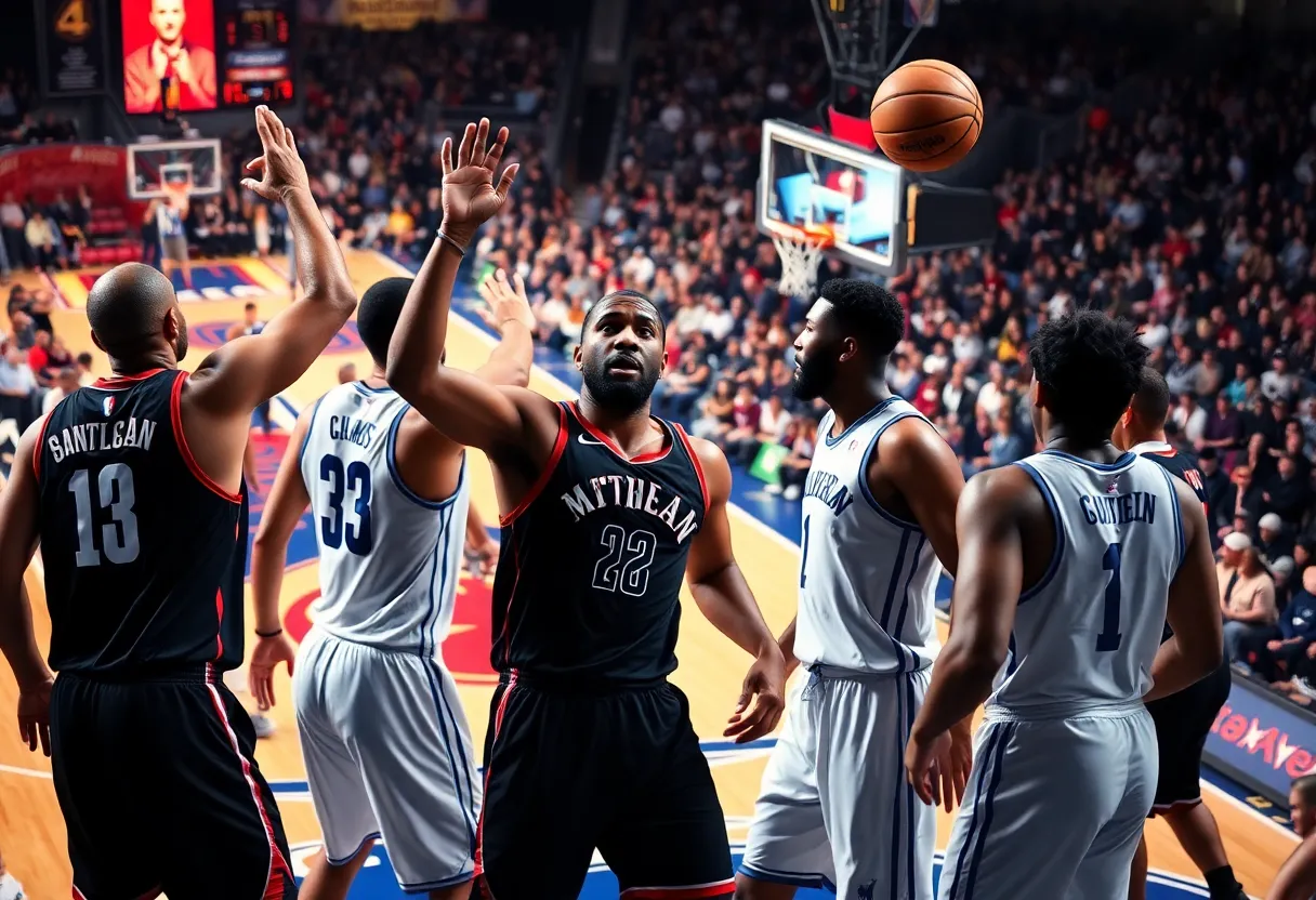 Basketball players in action during a game showcasing intensity and teamwork.