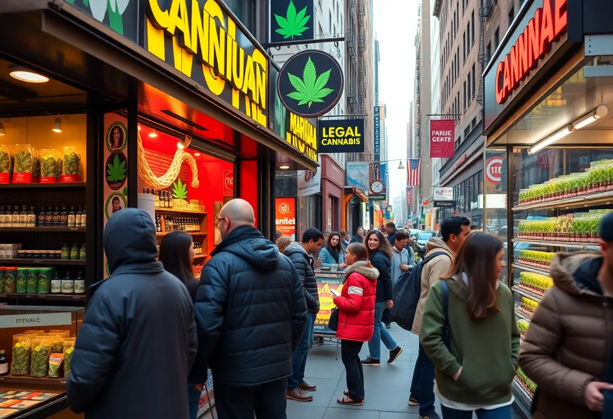 Busy street showing legal marijuana dispensaries in New York.
