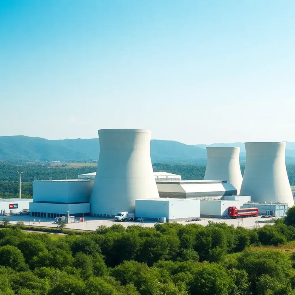 Conceptual image of a nuclear power plant in a green setting