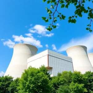 A conceptual design of a new nuclear power plant in New York surrounded by green landscapes.