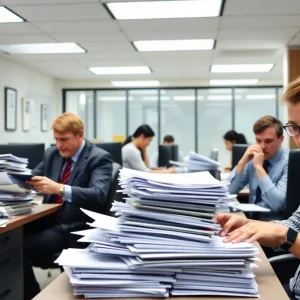 Employees working late in a New York state agency office