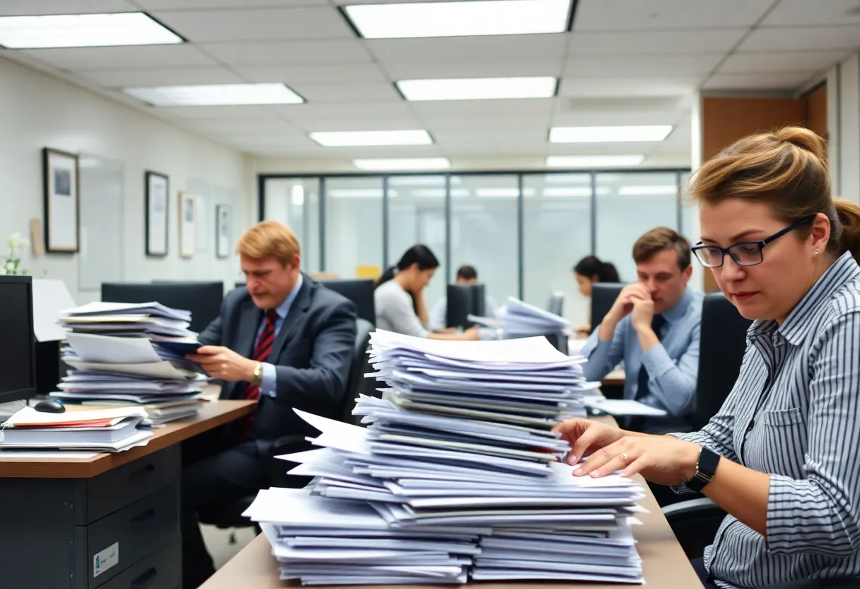 Employees working late in a New York state agency office