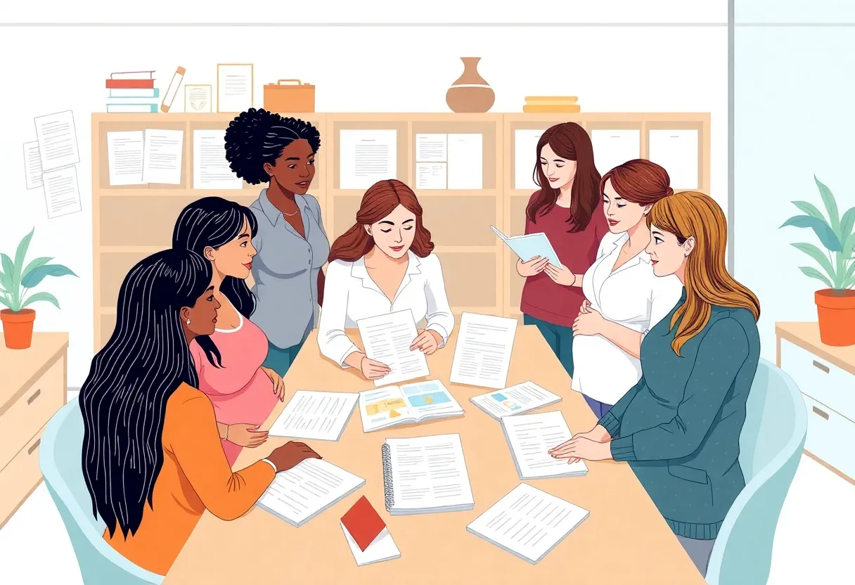 Diverse employees discussing paid prenatal leave policies