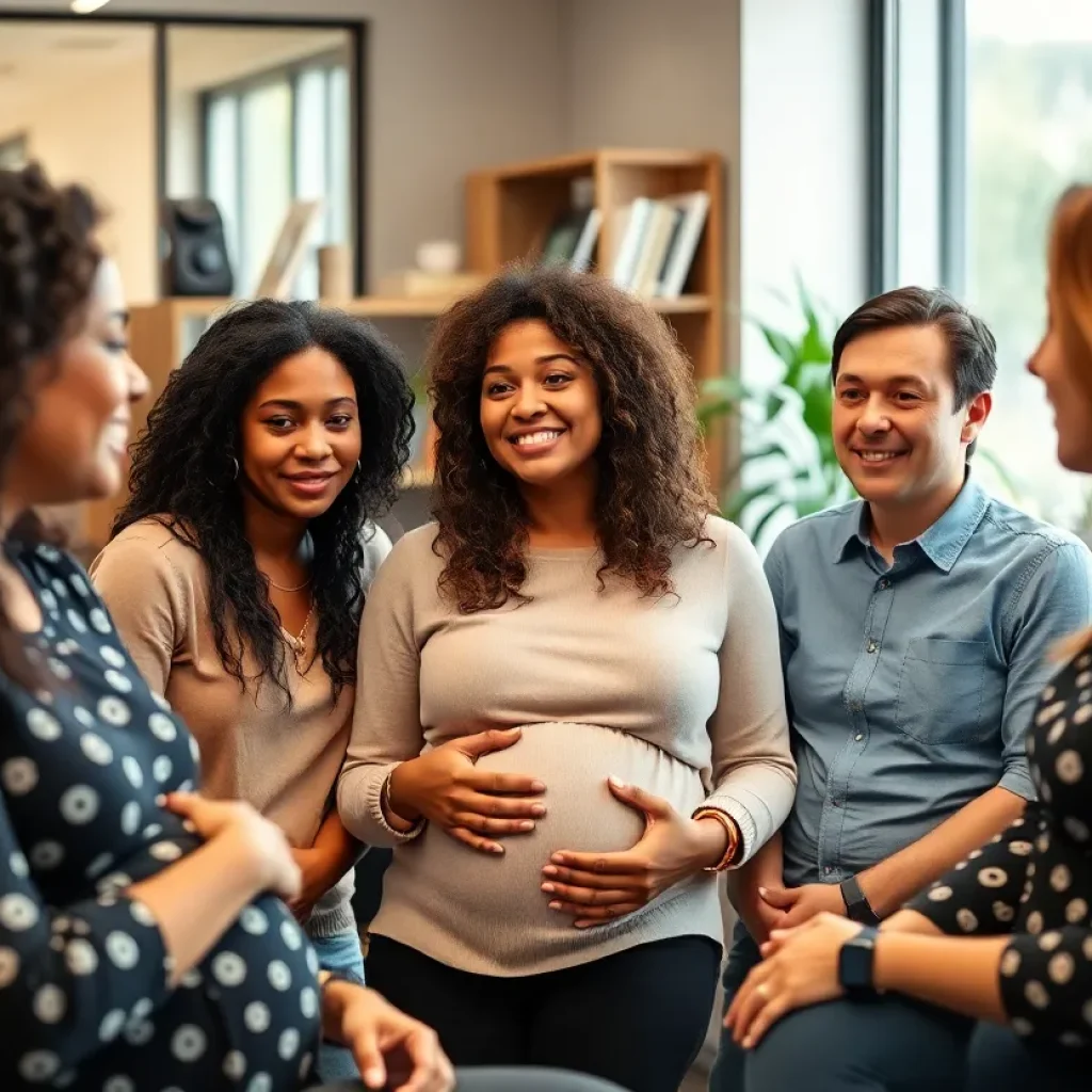 Diverse employees in a modern office discussing paid prenatal leave policies.