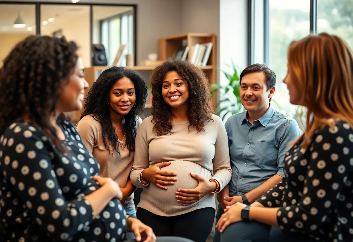 Diverse employees in a modern office discussing paid prenatal leave policies.