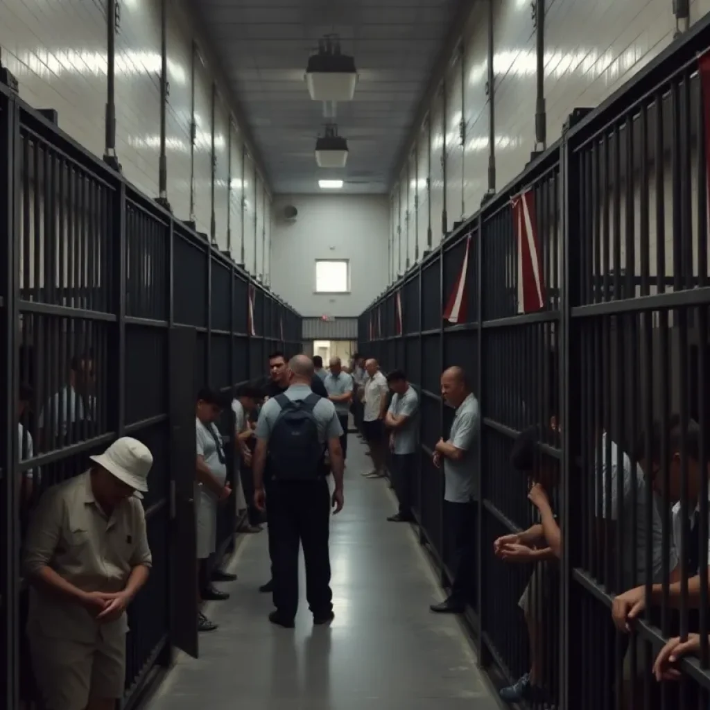 A crowded prison facility depicting staffing shortages and confined inmates.