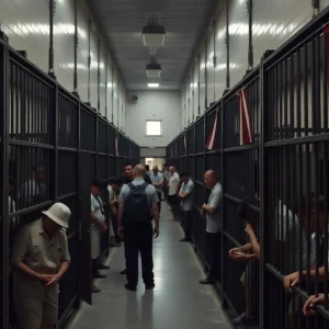A crowded prison facility depicting staffing shortages and confined inmates.
