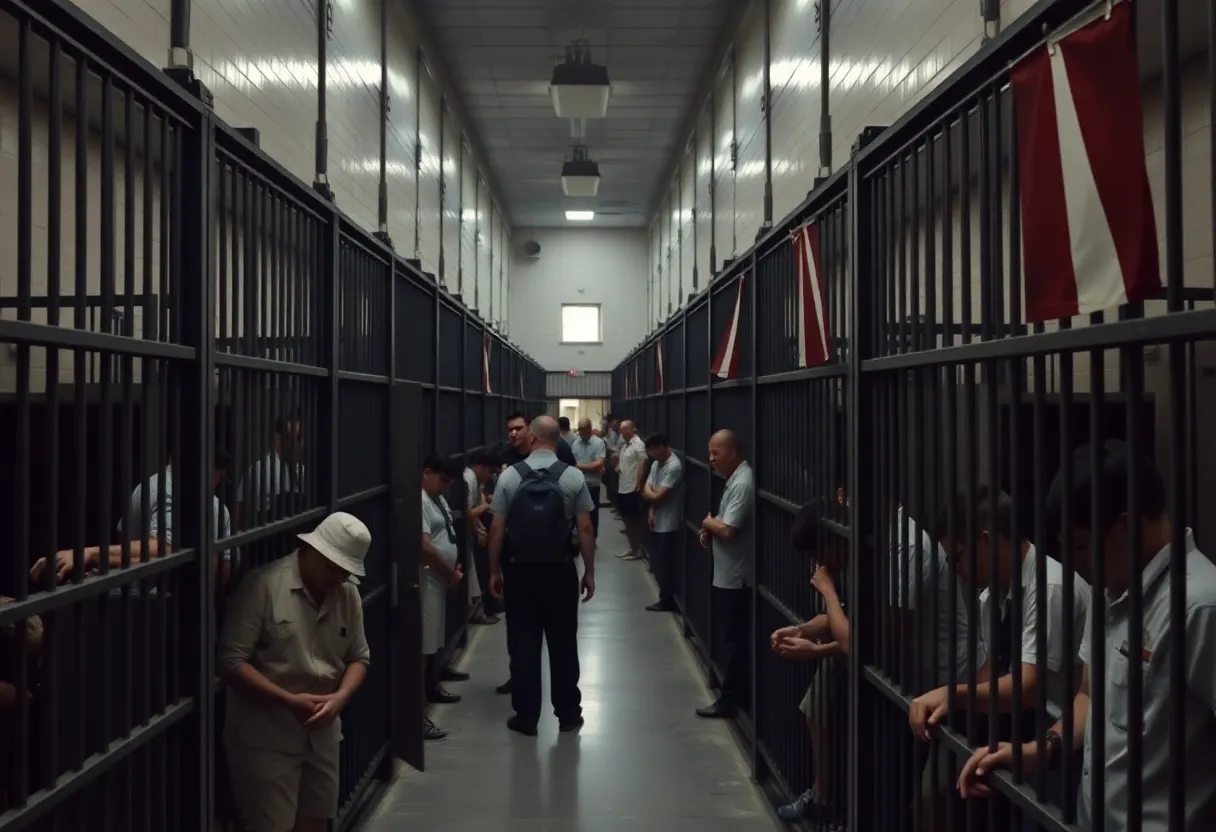A crowded prison facility depicting staffing shortages and confined inmates.