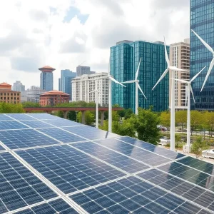 Solar panels and wind turbines in New York cityscape