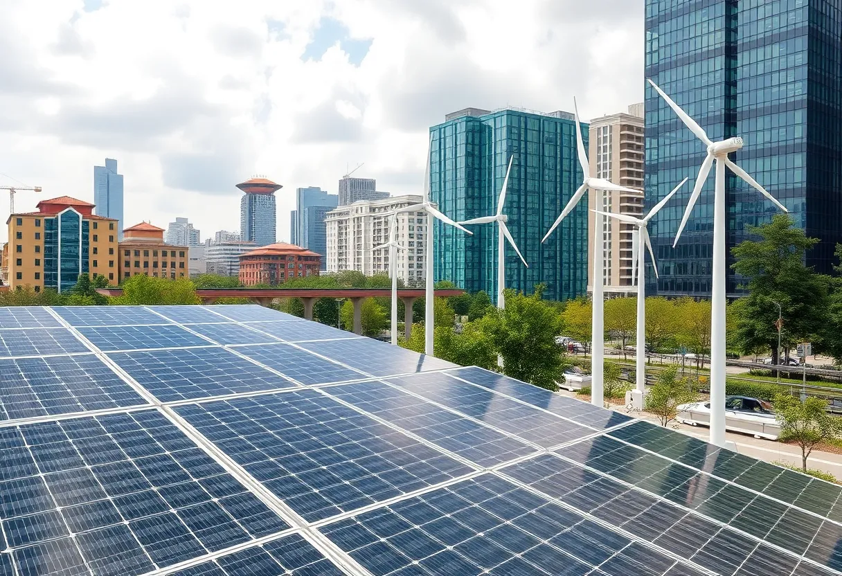 Solar panels and wind turbines in New York cityscape