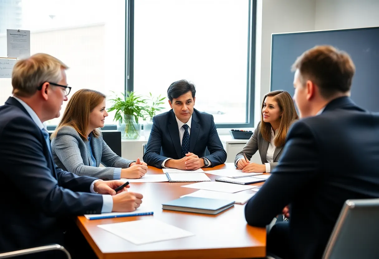School business officials in a meeting discussing educational resources