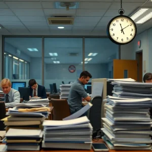 Employees working overtime in a government office