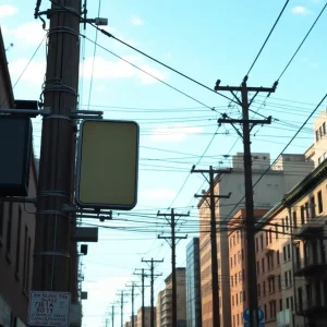 Utility poles and lines in a busy New York street