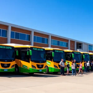 Colorful electric school buses in front of a school building